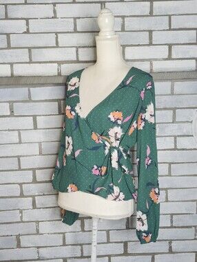 • Express Women's Long Sleeve V-Neck Floral Wrap Blouse Small Green Multicolor